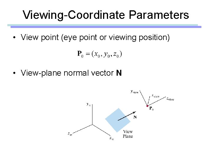 Viewing-Coordinate Parameters • View point (eye point or viewing position) • View-plane normal vector