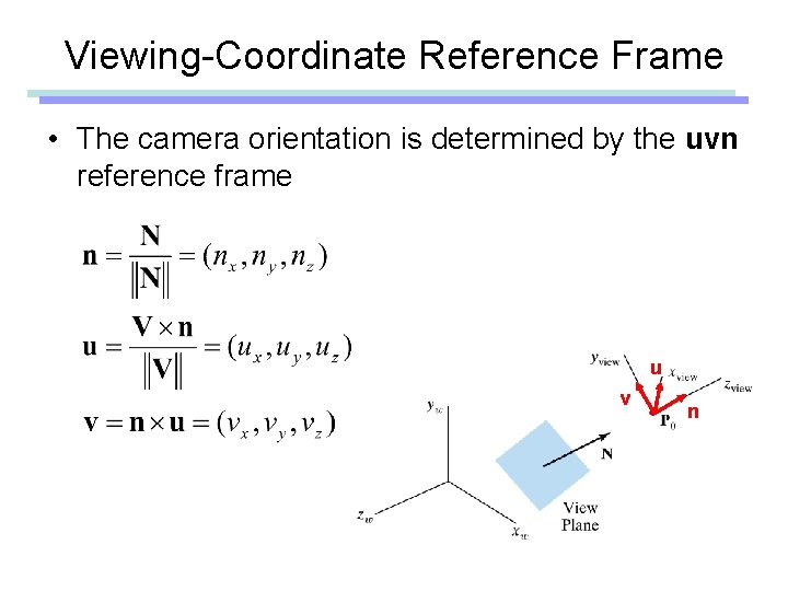 Viewing-Coordinate Reference Frame • The camera orientation is determined by the uvn reference frame