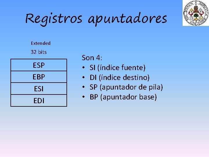 Registros apuntadores Extended 32 bits ESP EBP ESI EDI Son 4: • SI (índice