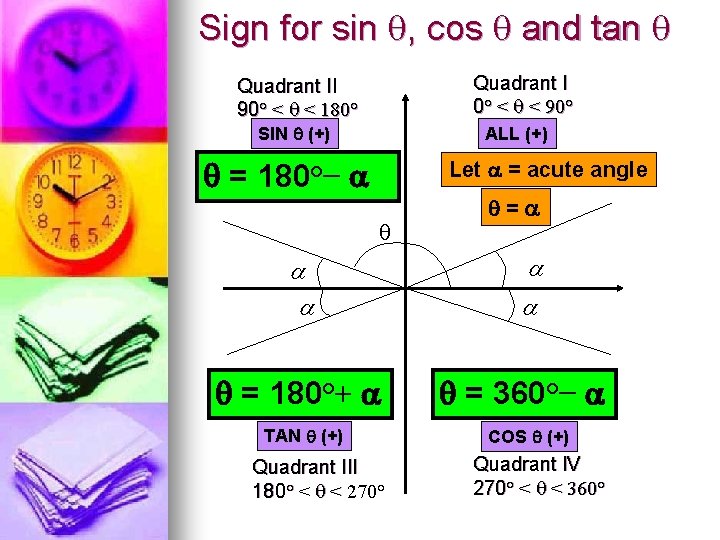 Sign for sin , cos and tan Quadrant I 0° < < 90° Quadrant