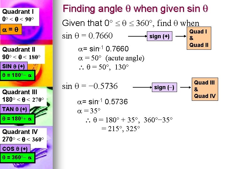 Quadrant I 0° < < 90° = Quadrant II 90° < < 180° SIN