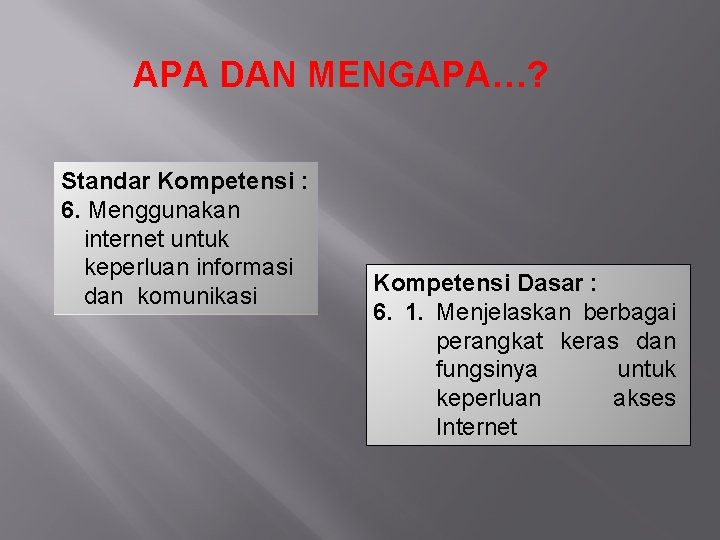 APA DAN MENGAPA…? Standar Kompetensi : 6. Menggunakan internet untuk keperluan informasi dan komunikasi