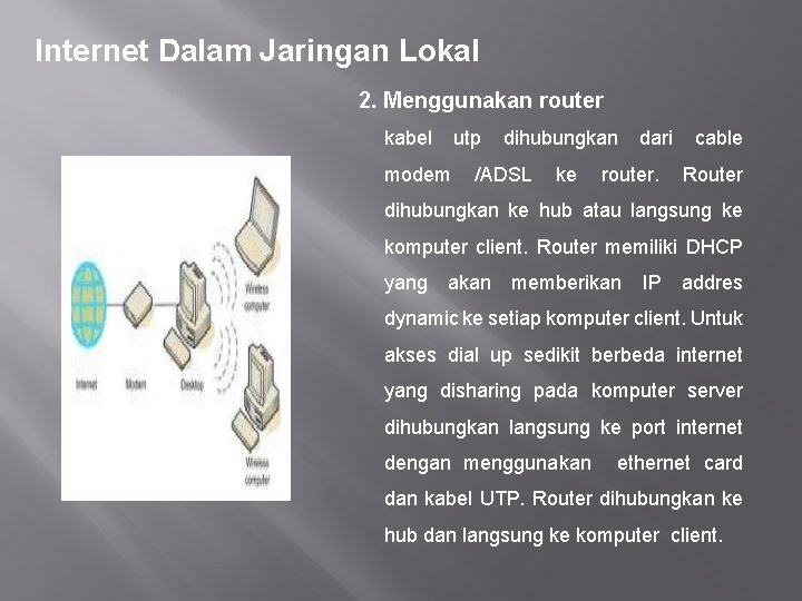 Internet Dalam Jaringan Lokal 2. Menggunakan router kabel utp modem dihubungkan /ADSL ke dari