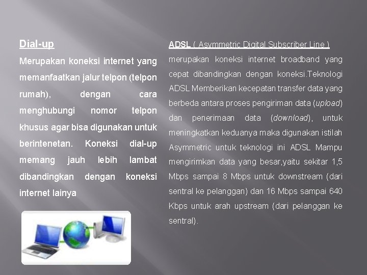 Dial-up ADSL ( Asymmetric Digital Subscriber Line ) Merupakan koneksi internet yang merupakan koneksi