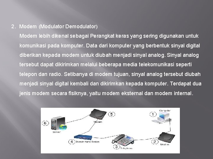 2. Modem (Modulator Demodulator) Modem lebih dikenal sebagai Perangkat keras yang sering digunakan untuk