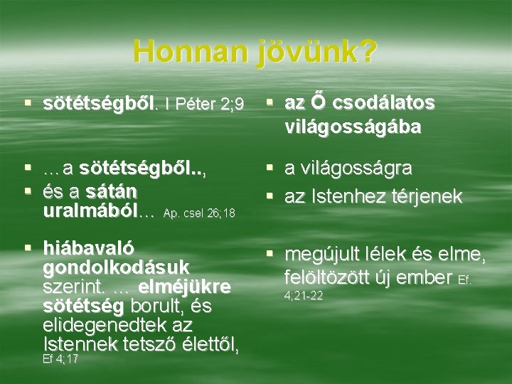 Honnan jövünk? § sötétségből. I Péter 2; 9 § az Ő csodálatos világosságába §