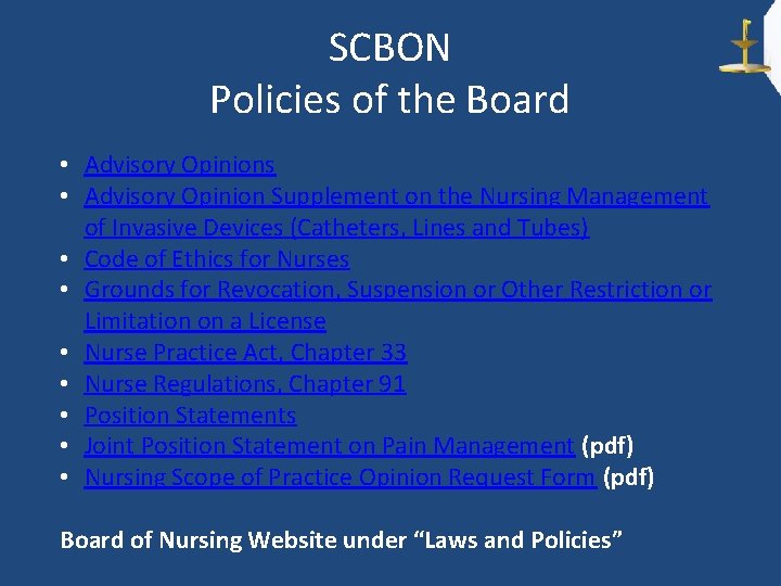 SCBON Policies of the Board • Advisory Opinions • Advisory Opinion Supplement on the
