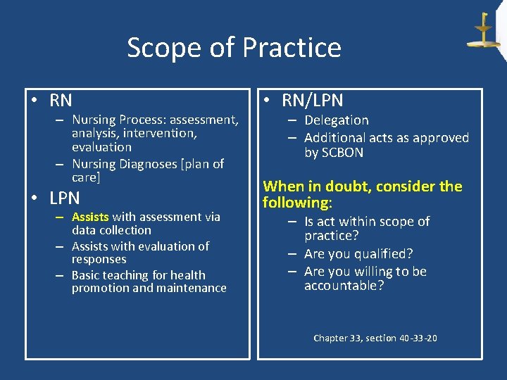 Scope of Practice • RN/LPN • LPN When in doubt, consider the following: –