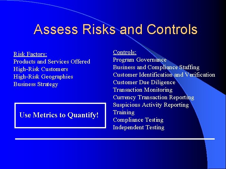 Assess Risks and Controls Risk Factors: Products and Services Offered High-Risk Customers High-Risk Geographies