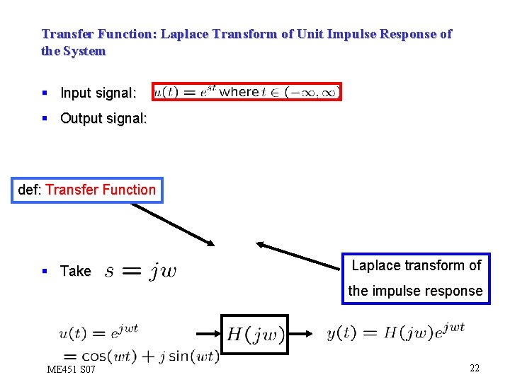 Transfer Function: Laplace Transform of Unit Impulse Response of the System § Input signal: