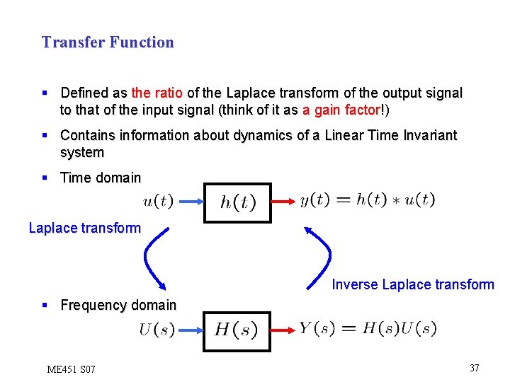 Transfer Function § Defined as the ratio of the Laplace transform of the output