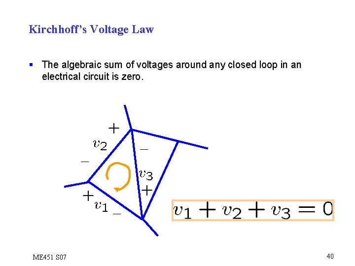 Kirchhoff’s Voltage Law § The algebraic sum of voltages around any closed loop in