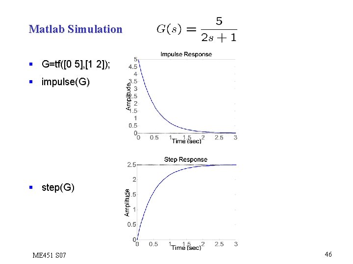 Matlab Simulation § G=tf([0 5], [1 2]); § impulse(G) § step(G) ME 451 S