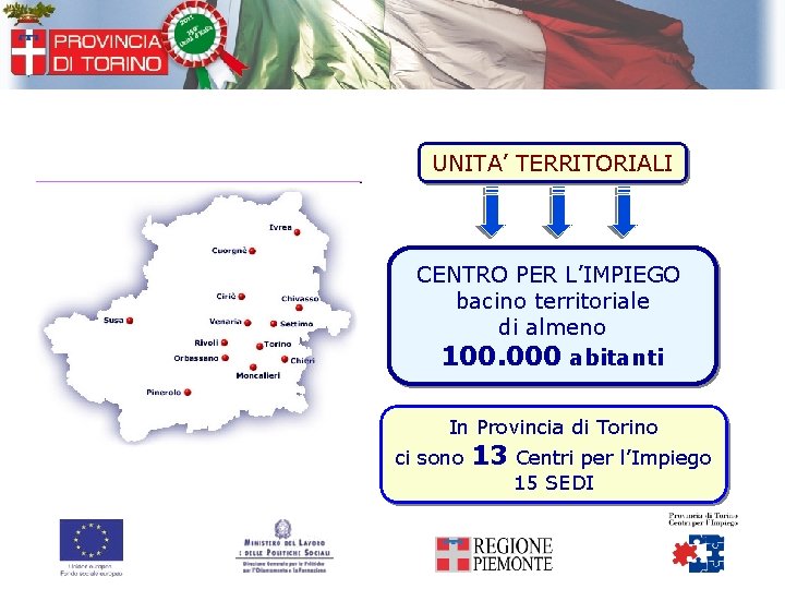 UNITA’ TERRITORIALI CENTRO PER L’IMPIEGO bacino territoriale di almeno 100. 000 abitanti In Provincia