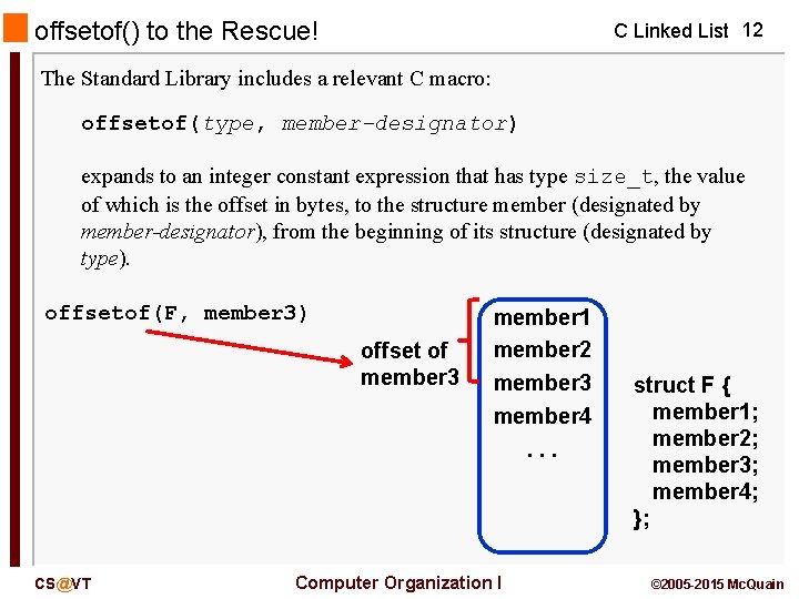 offsetof() to the Rescue! C Linked List 12 The Standard Library includes a relevant