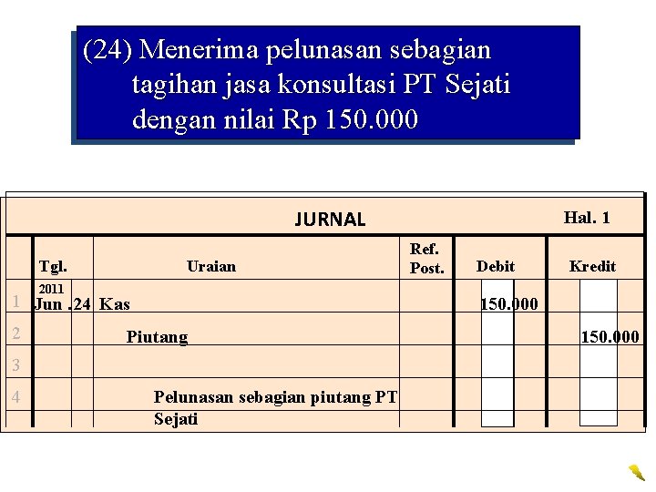 (24) Menerima pelunasan sebagian tagihan jasa konsultasi PT Sejati dengan nilai Rp 150. 000