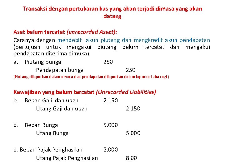 Transaksi dengan pertukaran kas yang akan terjadi dimasa yang akan datang Aset belum tercatat