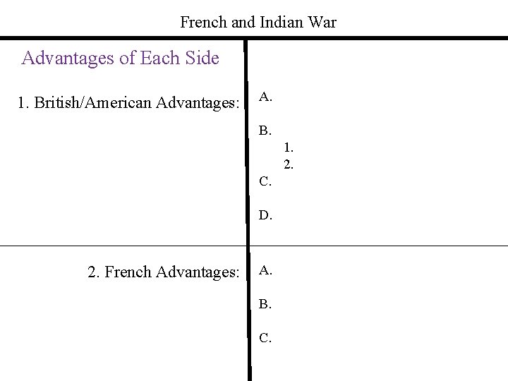 French and Indian War Advantages of Each Side 1. British/American Advantages: A. B. 1.