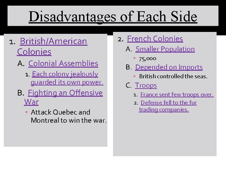 Disadvantages of Each Side 1. British/American Colonies A. Colonial Assemblies 1. Each colony jealously