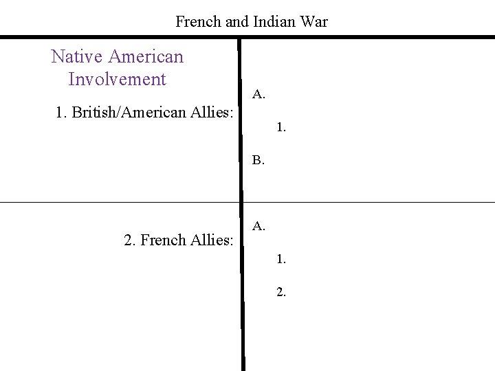 French and Indian War Native American Involvement A. 1. British/American Allies: 1. B. 2.