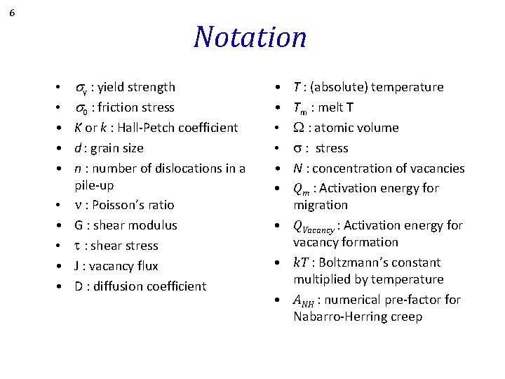 6 Notation • • • sy : yield strength s 0 : friction stress