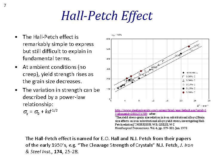 7 Hall-Petch Effect • The Hall-Petch effect is remarkably simple to express but still
