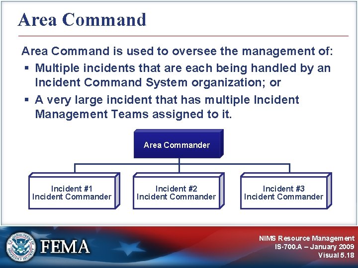 Area Command is used to oversee the management of: Multiple incidents that are each