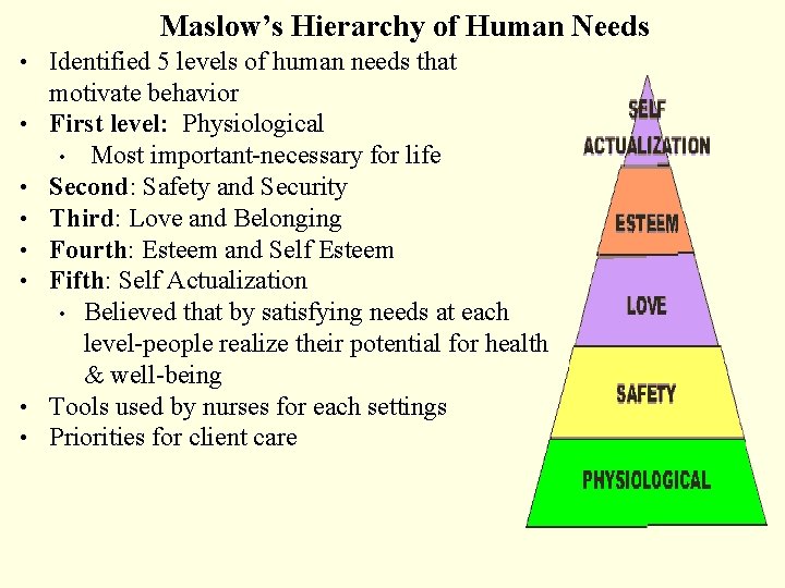 Maslow’s Hierarchy of Human Needs • Identified 5 levels of human needs that •