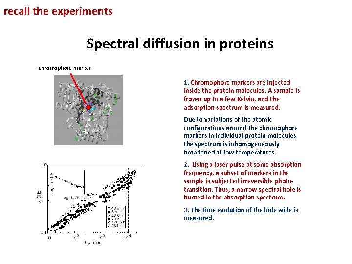 recall the experiments Spectral diffusion in proteins chromophore marker 1. Chromophore markers are injected