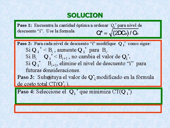 SOLUCION Paso 1: Encuentra la cantidad óptima a ordenar Qi* para nivel de descuento