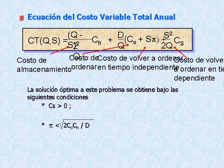 4 Ecuación del Costo Variable Total Anual (Q D(C + Sp) +S 2 CS