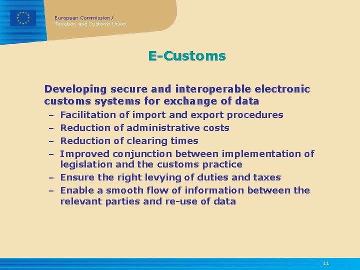 European Commission / Taxation and Customs Union E-Customs Developing secure and interoperable electronic customs