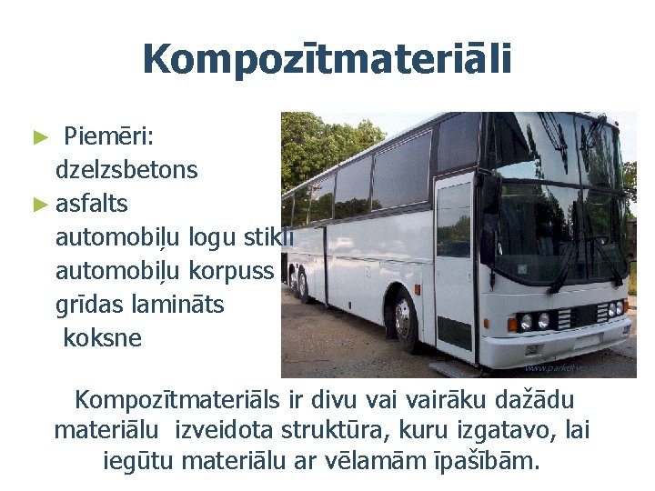 Kompozītmateriāli Piemēri: dzelzsbetons ► asfalts automobiļu logu stikli automobiļu korpuss grīdas lamināts koksne ►