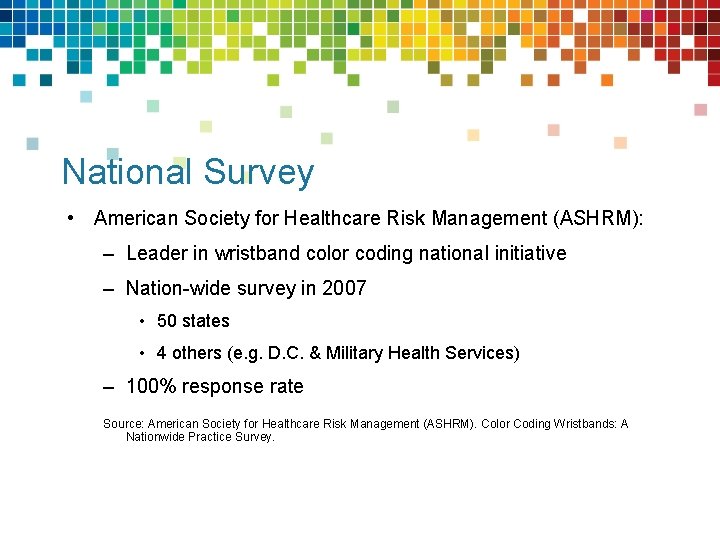 National Survey • American Society for Healthcare Risk Management (ASHRM): – Leader in wristband