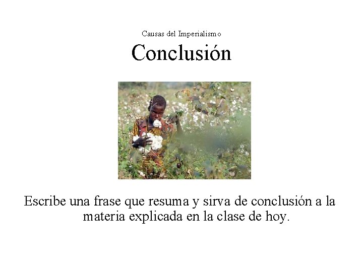 Causas del Imperialismo Conclusión Escribe una frase que resuma y sirva de conclusión a Causas del Imperialismo Conclusión Escribe una frase que resuma y sirva de conclusión a
