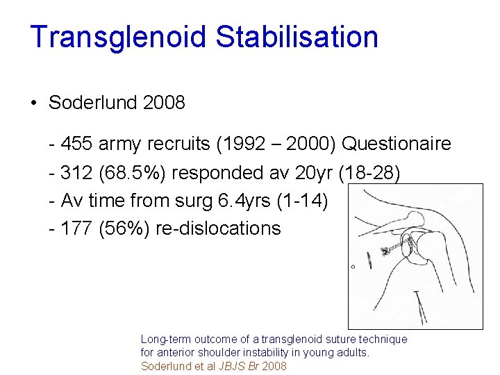 Transglenoid Stabilisation • Soderlund 2008 - 455 army recruits (1992 – 2000) Questionaire -