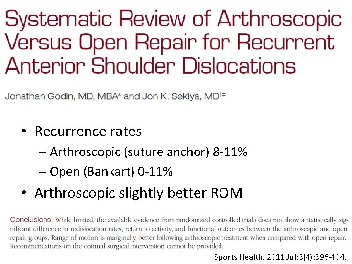  • Recurrence rates – Arthroscopic (suture anchor) 8 -11% – Open (Bankart) 0