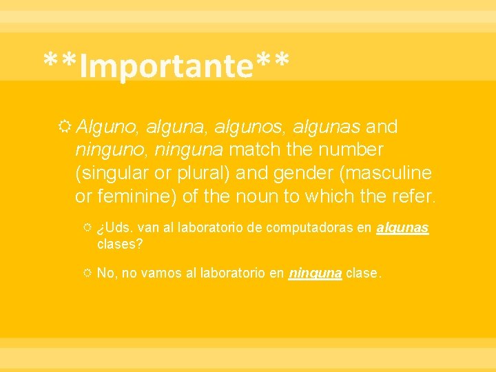 **Importante** Alguno, alguna, algunos, algunas and ninguno, ninguna match the number (singular or plural) **Importante** Alguno, alguna, algunos, algunas and ninguno, ninguna match the number (singular or plural)