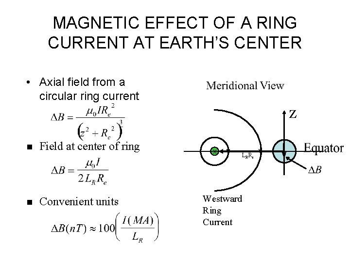 MAGNETIC EFFECT OF A RING CURRENT AT EARTH’S CENTER • Axial field from a