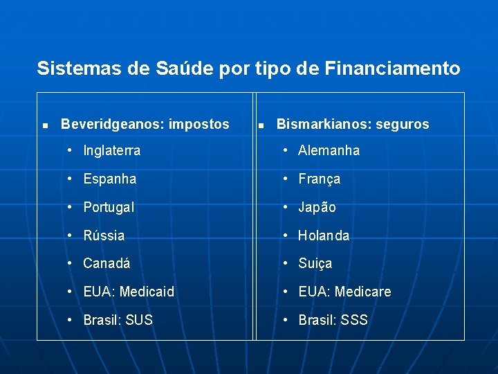 Sistemas de Saúde por tipo de Financiamento n Beveridgeanos: impostos n Bismarkianos: seguros •
