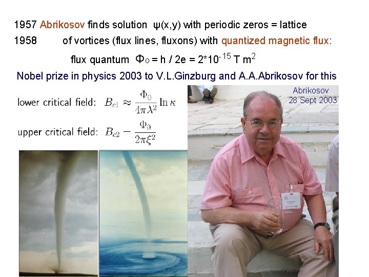 1957 Abrikosov finds solution ψ(x, y) with periodic zeros = lattice 1958 of vortices