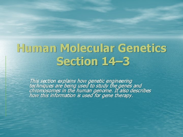 Human Molecular Genetics Section 14– 3 This section explains how genetic engineering techniques are