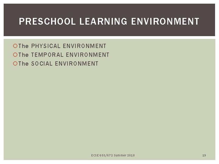 PRESCHOOL LEARNING ENVIRONMENT The PHYSICAL ENVIRONMENT The TEMPORAL ENVIRONMENT The SOCIAL ENVIRONMENT ECSE 603/672