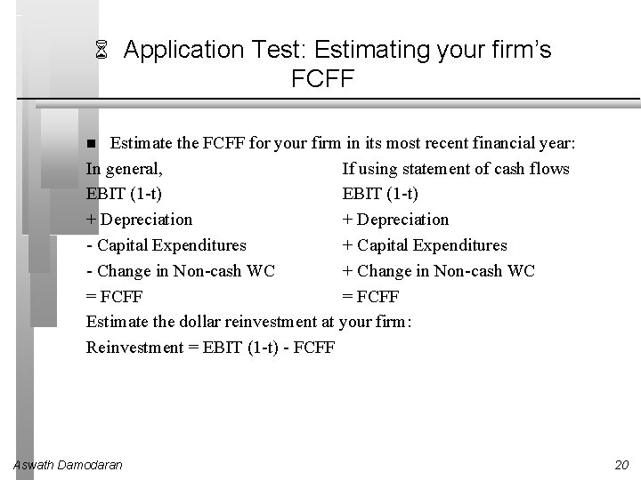 6 Application Test: Estimating your firm’s FCFF Estimate the FCFF for your firm in 6 Application Test: Estimating your firm’s FCFF Estimate the FCFF for your firm in