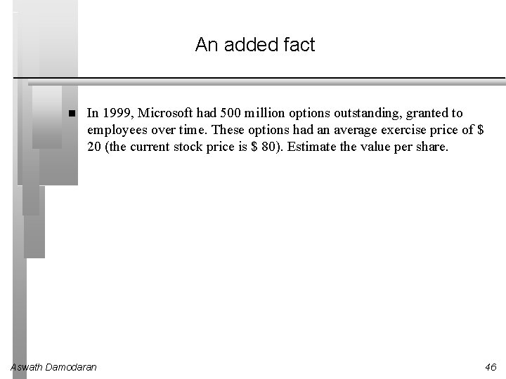 An added fact In 1999, Microsoft had 500 million options outstanding, granted to employees An added fact In 1999, Microsoft had 500 million options outstanding, granted to employees