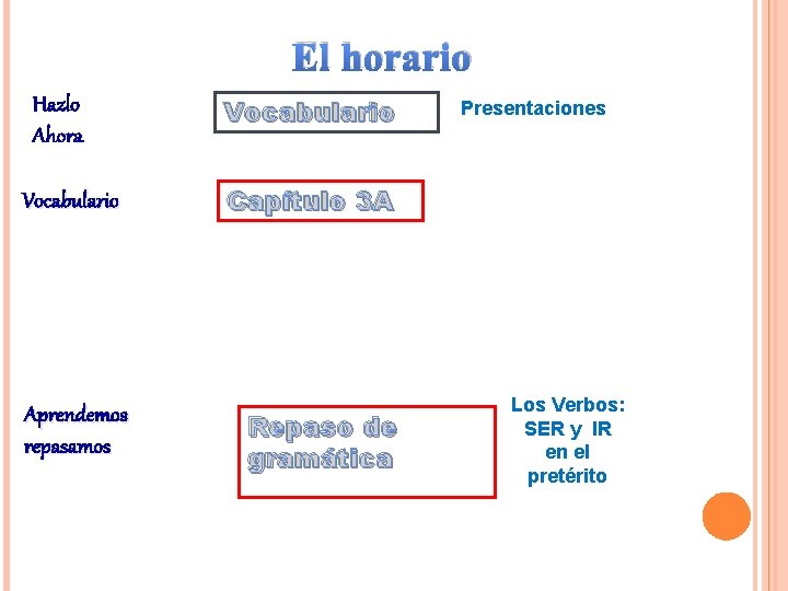 El horario Hazlo Ahora Vocabulario Aprendemos repasamos Vocabulario Presentaciones Capítulo 3 A Repaso de