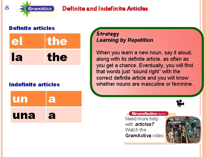 página 60 Definite and Indefinite Articles 1 B Definite articles el la the Indefinite