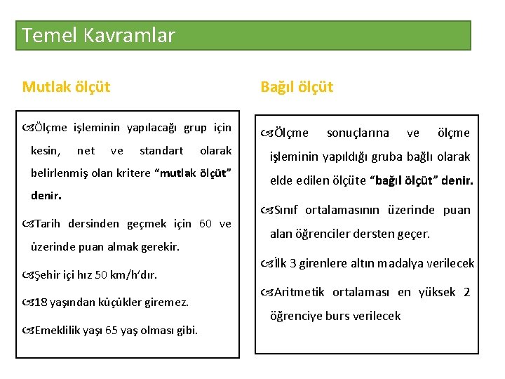 Temel Kavramlar Mutlak ölçüt Bağıl ölçüt Ölçme işleminin yapılacağı grup için Ölçme kesin, net