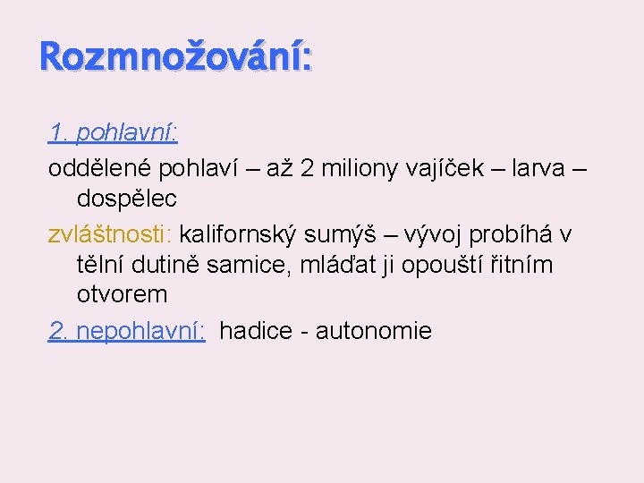 Rozmnožování: 1. pohlavní: oddělené pohlaví – až 2 miliony vajíček – larva – dospělec