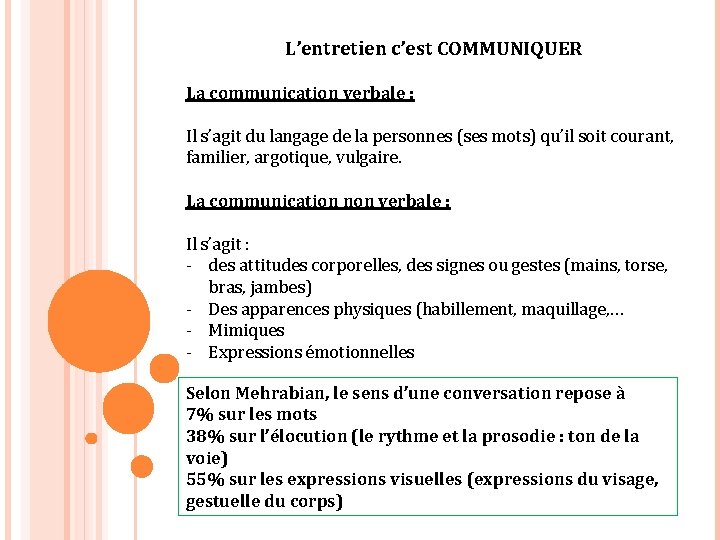 L’entretien c’est COMMUNIQUER La communication verbale : Il s’agit du langage de la personnes